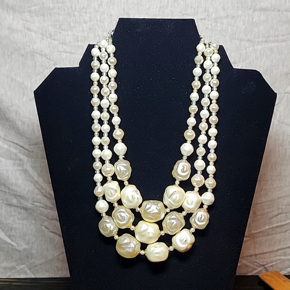 Vintage Triple Layer Necklace with White Beads and Silver/Gold Tone Findings